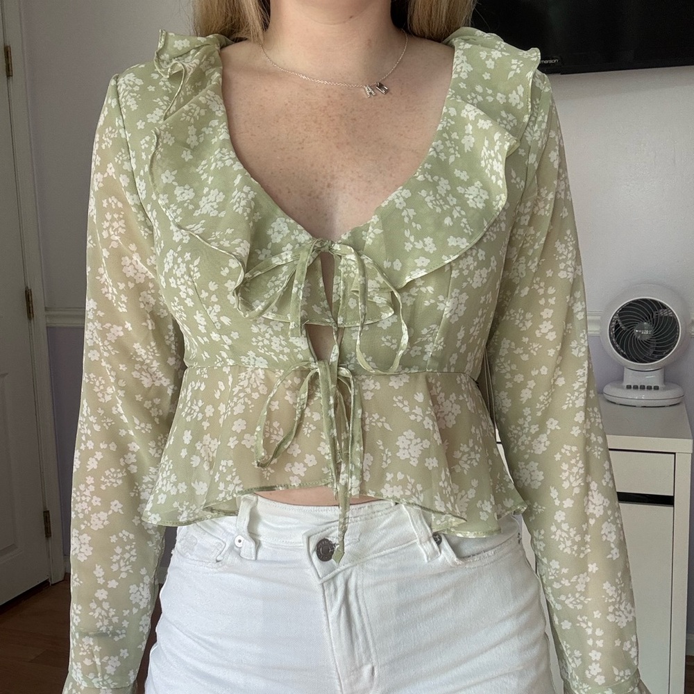 Floral Green Ruffle Blouse